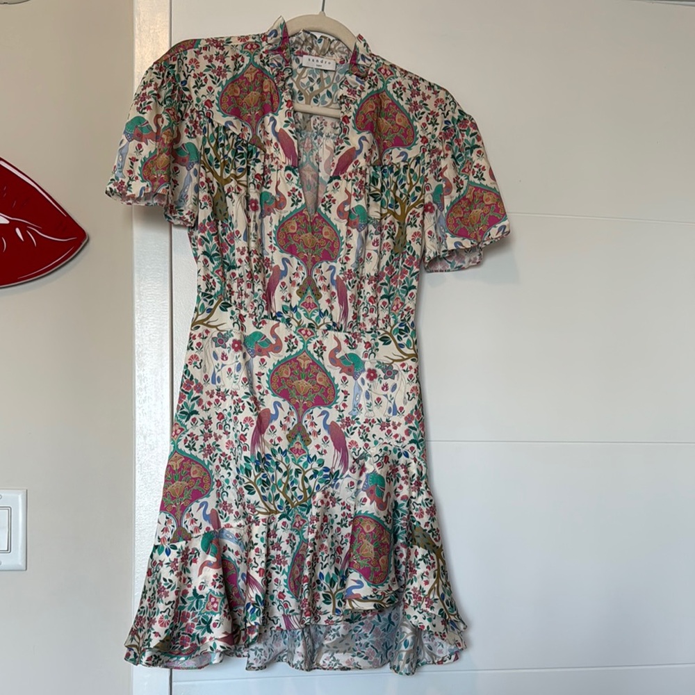 Sandro Pink and Green Ruffled Sundress with Plunge Neckline